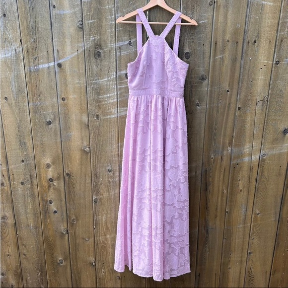 Mauve Pink Halter Floral Chiffon Burnout Jacquard Dress 🌿 - Picture 5 of 10